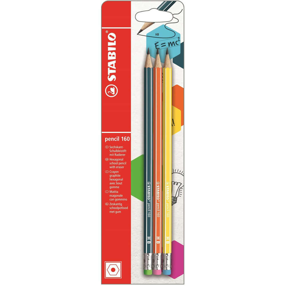 Set 3 creioane grafit tip HB 160, galben, portocaliu, petrol, cu radiera Set 3 creioane grafit tip HB 160, galben, portocaliu, petrol, cu radiera
